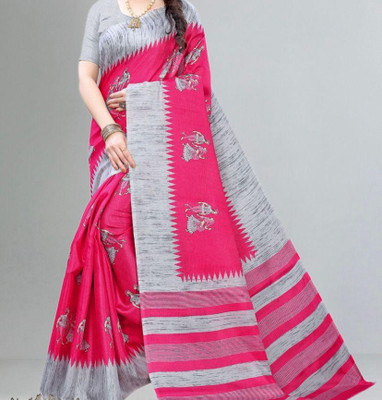 Grubstaker Printed Assam Silk Art Silk Saree(Pink)