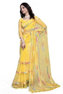 Julee Embroidered Bollywood Net Saree(Yellow)