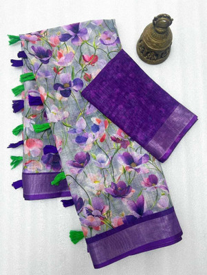 Millstar Floral Print Assam Silk Cotton Linen, Linen Saree(Purple)
