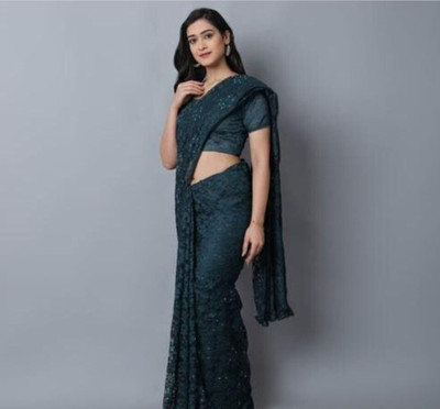 SwiftStyle Floral Print Daily Wear Net Saree(Dark Green)