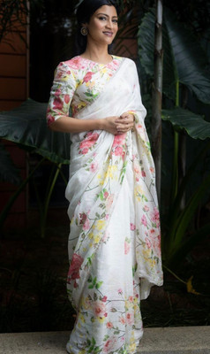 Hufflepuff Digital Print Chanderi Cotton Linen Saree(White)
