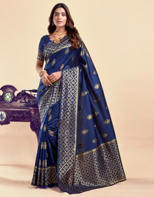 Samah Woven, Embellished, Self Design Banarasi Cotton Blend, Silk Blend Saree(Blue, Gold)