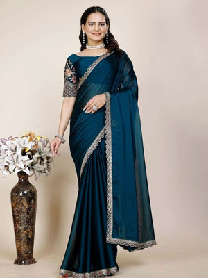 SANSKAR TEXTILE Solid/Plain, Embellished Daily Wear Chiffon Saree(Light Blue)