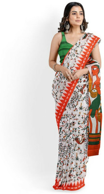 Sanganeri Print Printed, Color Block, Blocked Printed, Floral Print, Dyed Daily Wear Pure Cotton Saree(White)