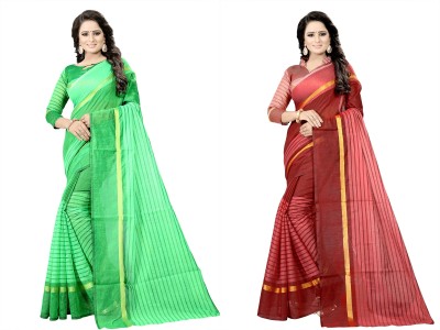 Suali Striped Daily Wear Cotton Silk Saree(Pack of 2, Green, Maroon)