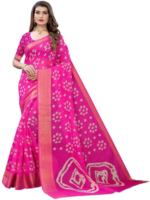 Saadhvi Printed Bandhani Cotton Blend Saree(Pink)