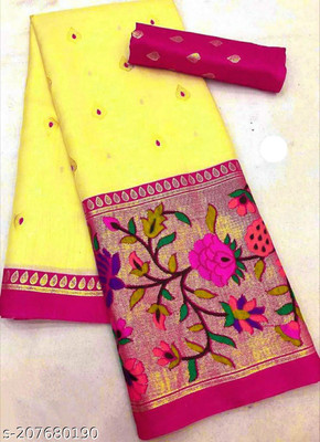 Bhuwal Fashion Printed Banarasi Art Silk Saree(Yellow)