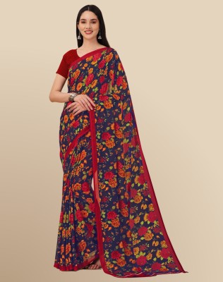 The Textile Hub Floral Print Bollywood Georgette Saree(Dark Blue)