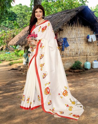 ShriSaree Floral Print Banarasi Cotton Silk Saree(Cream)