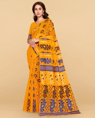 CHOICEIT Woven, Embellished Jamdani Cotton Linen Saree(Yellow)