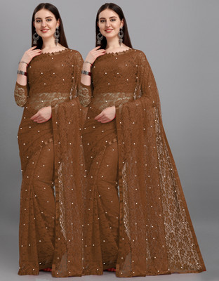LOROFY Self Design Bollywood Net Saree(Pack of 2, Brown)