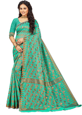 manvaa Woven Banarasi Cotton Blend Saree(Light Green)