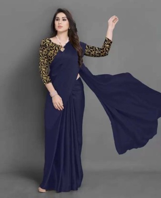 Ratan creation Solid/Plain Bollywood Satin Saree(Dark Blue)