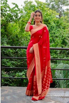 PHEASANT Printed, Woven, Embellished, Applique, Polka Print Kanjivaram Jacquard, Art Silk Saree(Red)