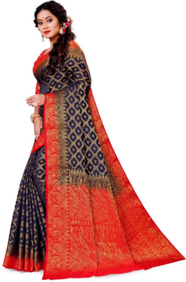 RudraNX Printed Banarasi Jacquard Saree(Dark Blue, Red)