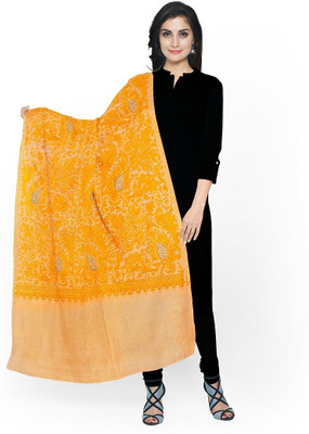 KHEVANHAAR Poly Wool, Wool Embroidered Women Shawl(Orange, Pink)