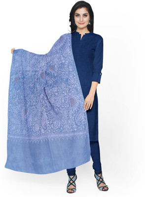 KHEVANHAAR Poly Wool, Wool Embroidered Women Shawl(Blue)
