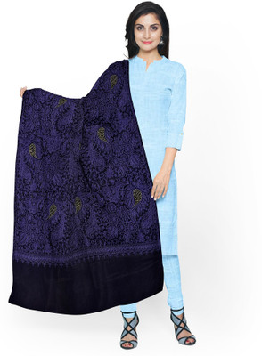 KHEVANHAAR Poly Wool, Wool Embroidered Women Shawl(Blue)