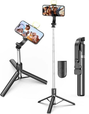NETZI 3-in-1 Extendable Selfie Stick with Tripod Stand, Bluetooth Remote & LED Light Bluetooth Selfie Stick(Black, Remote Included)