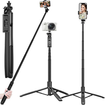 Hold up Selfie Stick Tripod - 62inch Extendable Tall Cell Phone Tripod Stand Bluetooth Selfie Stick(Black, Remote Included)