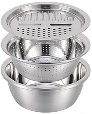 saloni marts Stainless Steel 3-in-1 Strainer Bowl Set Collapsible Deep Frying Basket(Silver Pack of 3)
