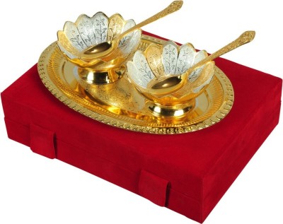 Odna Bichona Silver And Gold Plated Tray, Spoon, Bowl Serving Set(Pack of 5)