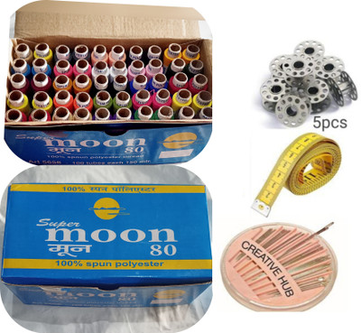 house of common 24 Shades Thread 50 Spools with 5 Bobbin, 1 Niddle Compact & 1 Tailoring Tape. Thread(150 m Pack of50)