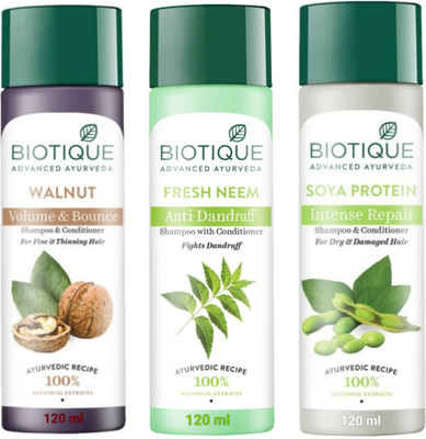 BIOTIQUE Soya Protein & Fresh Neem & Walnut Shampoo 120Ml (Pack Of 3)(360 ml)