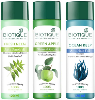 BIOTIQUE Ocean kelp & Green Apple & Fresh Neem Shampoo 120Ml (Pack Of 3)(360 ml)