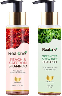 realone PEACH & SAFFRON + GREEN TEA & TEA TREE SHAMPOO Free Zip Pouch With This Pack 2(400 ml)