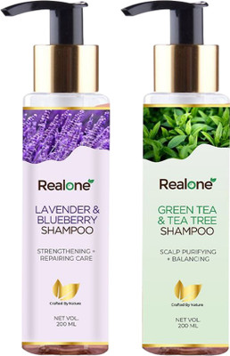 realone Lavender & Blueberry + Green Tea & Tea Tree Shampoo with Zip Pouch Pack of 2(400 ml)