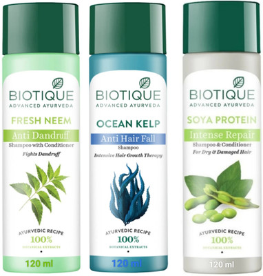 BIOTIQUE Soya Protein & Ocean Kelp & Fresh Neem Shampoo 120Ml (Pack Of 3)(360 ml)