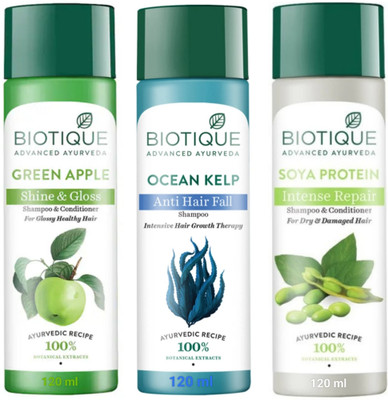 BIOTIQUE Soya Protein & Ocean Kelp & Green Apple Shampoo 120Ml (Pack Of 3)(360 ml)