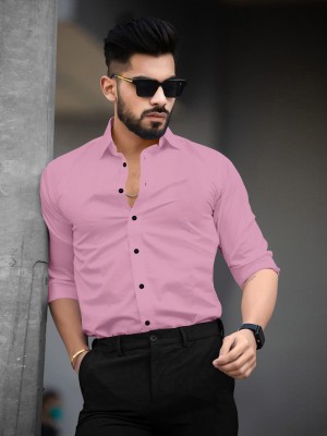 Devam Creation Men Striped, Solid, Color Block, Self Design, Embroidered Casual Pink Shirt