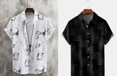 FoxGlow Men Printed Casual Black, White Shirt(Pack of 2)