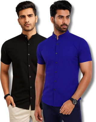 VIMASUTI Men Solid Casual Black, Dark Blue Shirt(Pack of 2)
