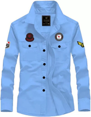 Black Deer Men Embroidered Casual Light Blue Shirt