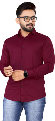 PEARL OCEAN Men Solid Casual Maroon Shirt