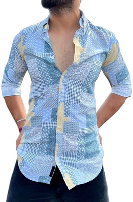 VS Collection Men Printed Casual Yellow, Light Blue Shirt