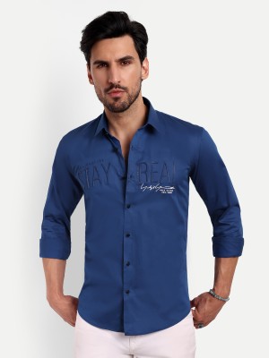 LeWogle Men Solid Casual Dark Blue Shirt