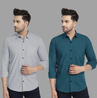 TIGERSNAKE Men Solid Casual Grey, Blue Shirt