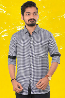 PUBHIZA Men Checkered Casual Dark Blue Shirt