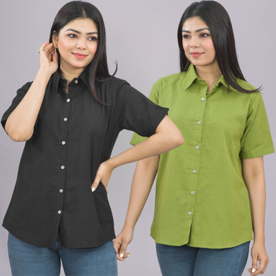 QuaClo Women Solid Casual Black, Light Green Shirt(Pack of 2)