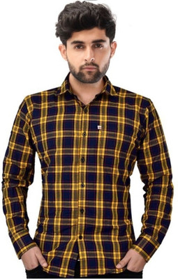 Marc Laurent Men Checkered Casual Yellow, Blue Shirt