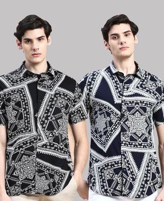 TIGERSNAKE Men Printed Casual Black, Dark Blue Shirt(Pack of 2)