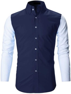 Life Roads Men Solid Casual Dark Blue, White Shirt