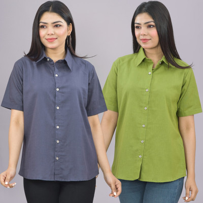 QuaClo Women Solid Casual Grey, Green Shirt(Pack of 2)