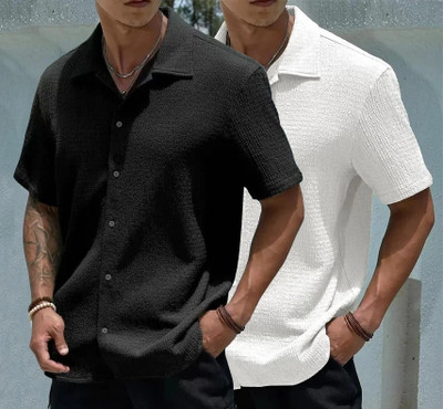 COMBRAIDED Men Solid Casual Black, White Shirt(Pack of 2)