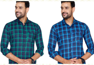 Men Checkered Casual Green Shirt(Pack of 2)