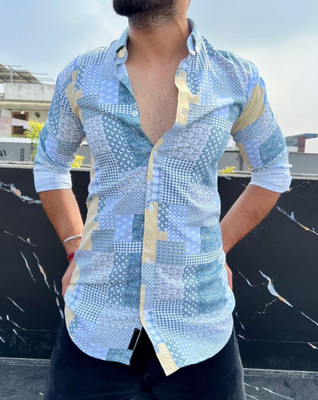 VS Collection Men Printed Casual Yellow, Light Blue Shirt